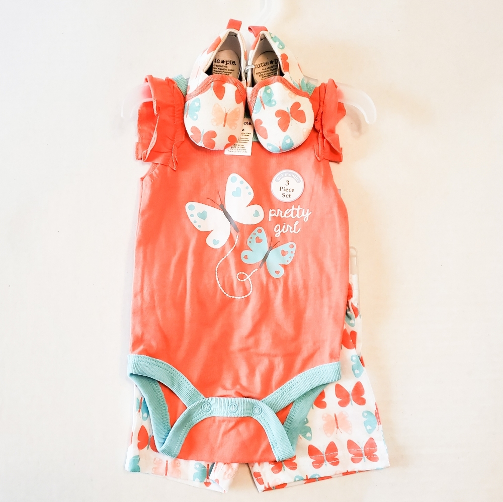 0-3 months Baby Girl 3 pc Outfit salmon & blue